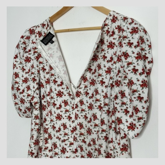 Danielle Bernstein Midi Length Dress Short Puff Sleeve Red White Flower Print - Picture 5 of 16